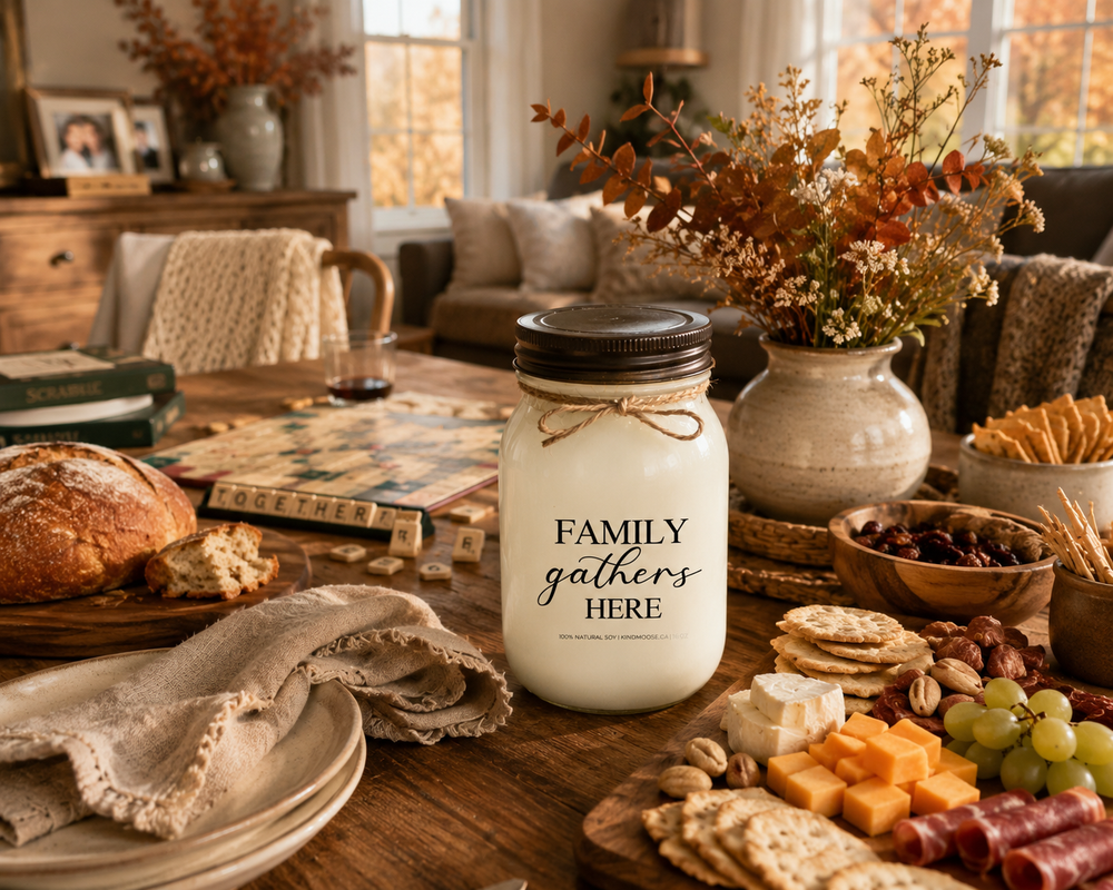 FAMILY GATHERS HERE soy candle with distressed bronze lid styled on a farmhouse dining table alongside fresh baked bread, a charcuterie board, family board games, linen napkins, and autumn greenery. The scene captures the warmth of family gatherings and meaningful time spent together.