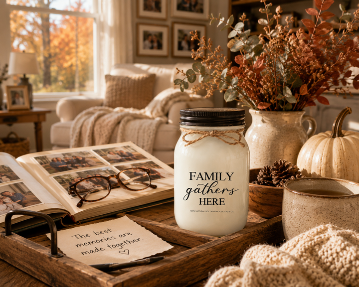 FAMILY GATHERS HERE soy candle displayed beside an open family photo album, reading glasses, a handwritten note, warm tea, pinecones, autumn greenery, and a cozy knit blanket. This reflective autumn scene highlights gratitude, family memories, and the simple moments that matter most.