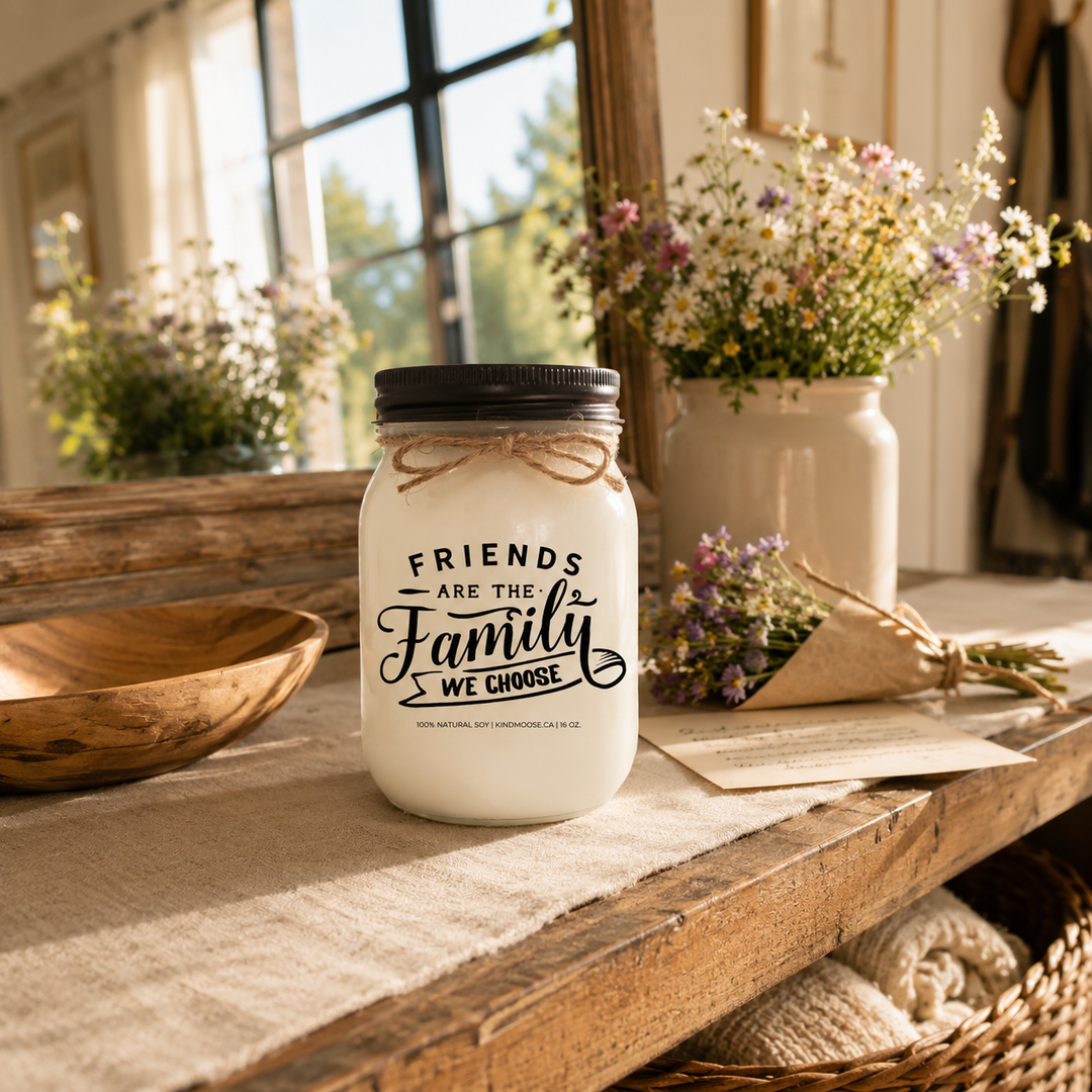 KINDMOOSE Friends Are The Family We Choose frosted soy candle with a matte black lid displayed on a warm modern farmhouse entry console.