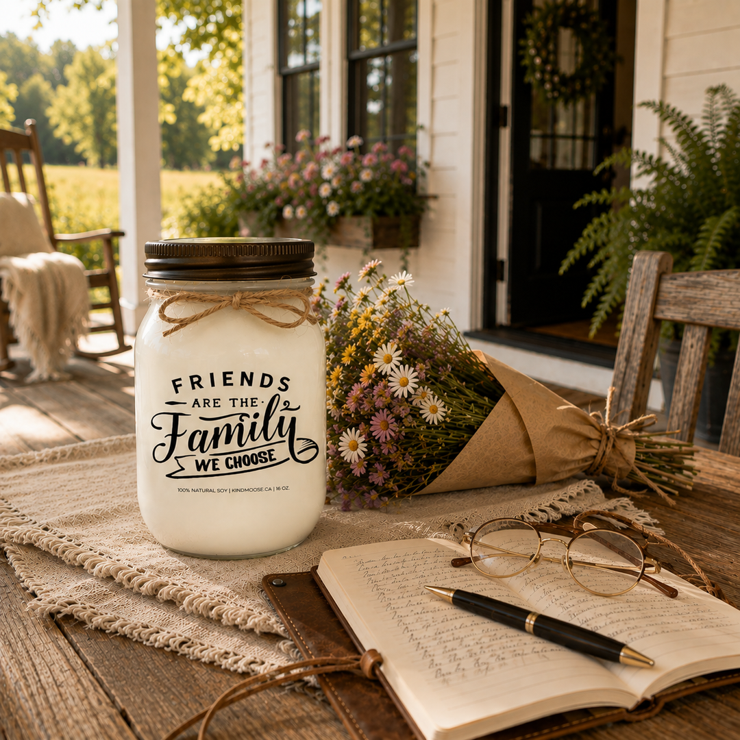 KINDMOOSE Friends Are The Family We Choose soy candle on a welcoming farmhouse porch beside a bouquet of wildflowers and a handwritten journal.