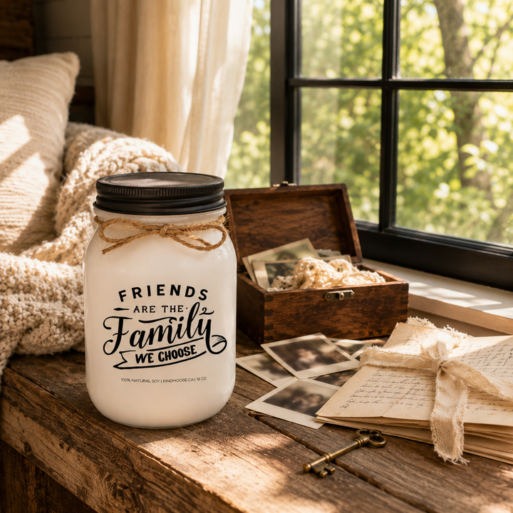 KINDMOOSE Friends Are The Family We Choose frosted soy candle beside a keepsake box, vintage photographs and handwritten letters on a sunny farmhouse window seat.