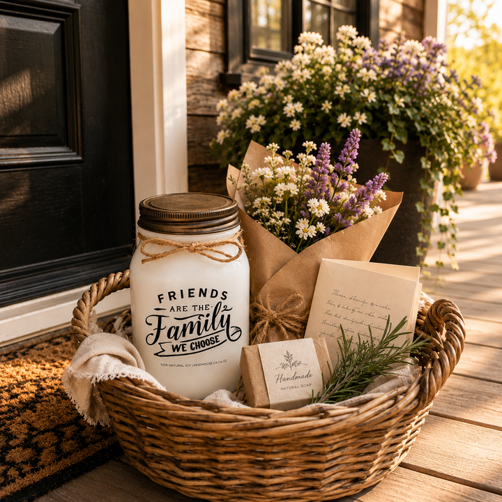 KINDMOOSE Friends Are The Family We Choose soy candle presented in a wicker gift basket with fresh flowers and a handwritten card on a welcoming farmhouse porch.
