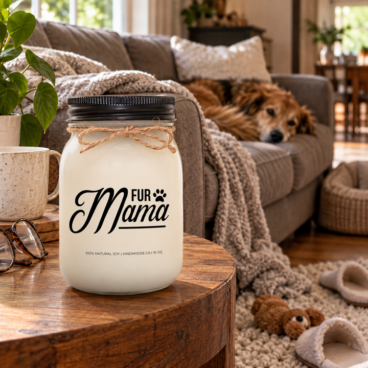 KINDMOOSE Fur Mama candle beside a lived-in sofa where a relaxed dog has stolen its owner's spot, capturing everyday life with a beloved pet.