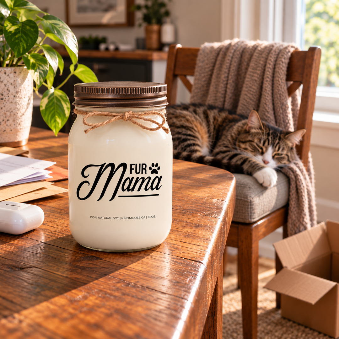 KINDMOOSE Fur Mama candle on a wood table with a cat comfortably occupying its owner's chair in a warm, lived-in home.