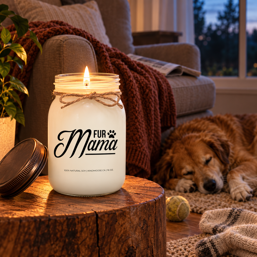 Burning KINDMOOSE Fur Mama candle in a quiet evening reading corner with a dog sleeping peacefully nearby and the bronze lid resting beside the candle.
