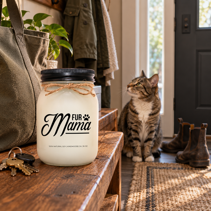 KINDMOOSE Fur Mama candle in a lived-in front entryway with a cat watching near the door as boots, a tote and coat suggest its owner is about to leave.