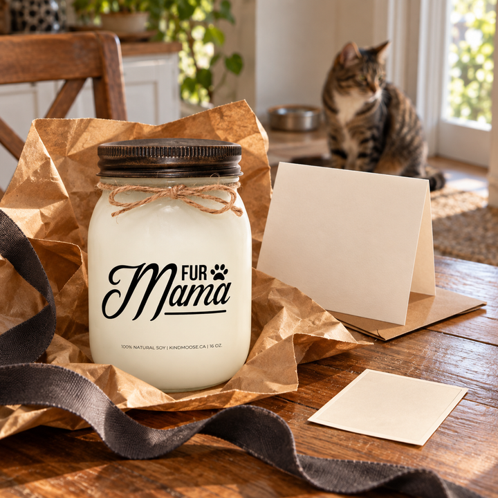 KINDMOOSE Fur Mama candle presented as a thoughtful pet lover gift with kraft wrapping, blank card and ribbon while a cat sits nearby at home.