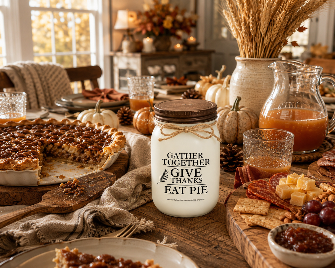 GATHER TOGETHER • GIVE THANKS • EAT PIE soy candle with distressed bronze lid styled on a farmhouse dining table alongside a partially served pie, apple cider, charcuterie board, pumpkins, pinecones, and harvest décor. The scene captures the warmth of Thanksgiving gatherings and meaningful time spent around the table with loved ones.