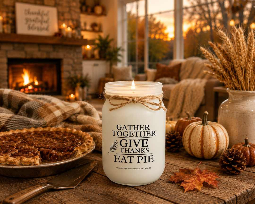 Burning GATHER TOGETHER • GIVE THANKS • EAT PIE soy candle in a cozy farmhouse living room featuring a stone fireplace, fresh baked pie, knit blankets, pumpkins, pinecones, wheat stems, and warm autumn décor. The scene celebrates gratitude, family traditions, and the comforting atmosphere of a peaceful fall evening.