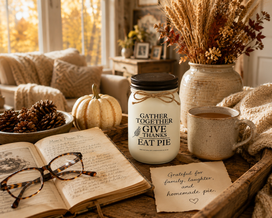 GATHER TOGETHER • GIVE THANKS • EAT PIE soy candle displayed beside a family recipe book, reading glasses, handwritten note, warm apple cider, pinecones, wheat stems, and a cozy knit blanket. This reflective autumn scene highlights family traditions, gratitude, homemade recipes, and the meaningful moments shared during the fall season.
