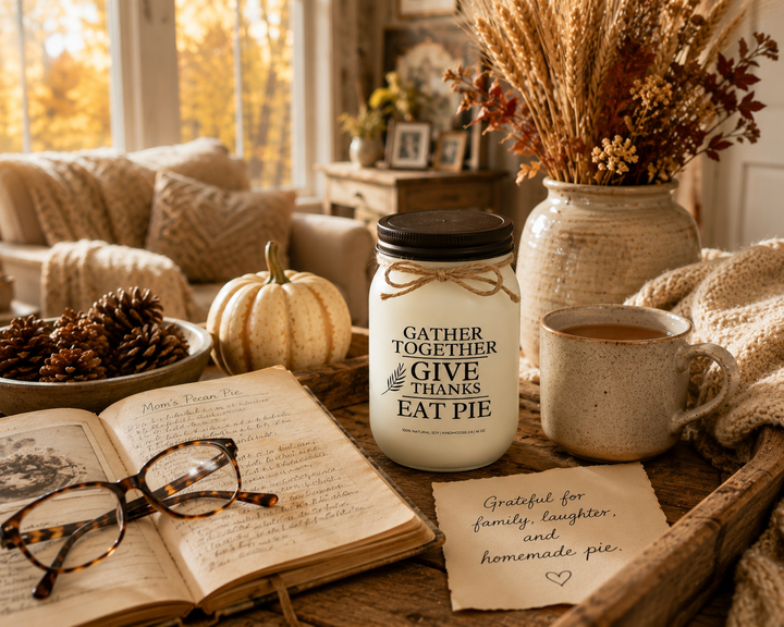 GATHER TOGETHER • GIVE THANKS • EAT PIE soy candle displayed beside a family recipe book, reading glasses, handwritten note, warm apple cider, pinecones, wheat stems, and a cozy knit blanket. This reflective autumn scene highlights family traditions, gratitude, homemade recipes, and the meaningful moments shared during the fall season.