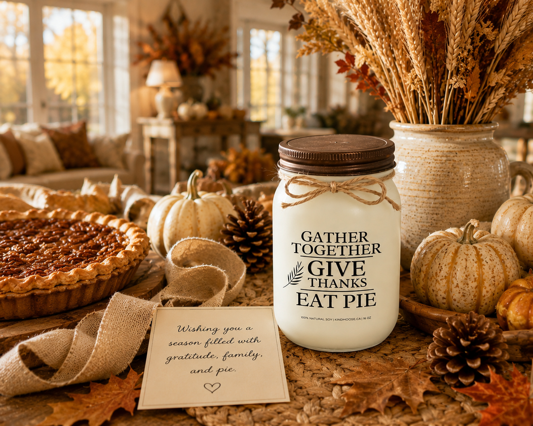 GATHER TOGETHER • GIVE THANKS • EAT PIE soy candle with distressed bronze lid styled as a thoughtful Thanksgiving gift on a farmhouse entry table. Surrounded by a freshly baked pie, pumpkins, pinecones, autumn leaves, woven textures, and a handwritten card wishing gratitude, family, and pie, the scene celebrates togetherness, harvest traditions, and meaningful fall gatherings.
