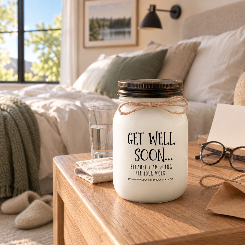 KINDMOOSE Get Well Soon Because I Am Doing All Your Work candle on a bedside table in a peaceful bedroom, a funny and thoughtful coworker get well gift.