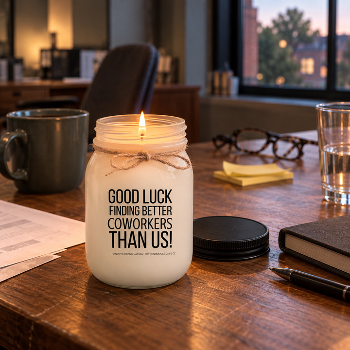 Burning KINDMOOSE Good Luck Finding Better Coworkers Than Us candle with a single flame on a wood desk in a quiet office after hours.