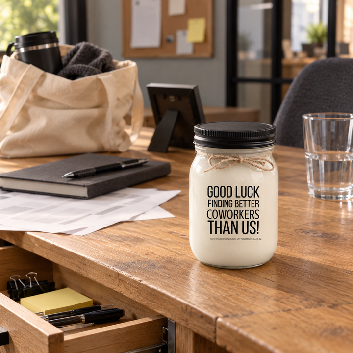 KINDMOOSE Good Luck Finding Better Coworkers Than Us candle with black lid beside a partially cleared workplace desk as a coworker prepares to leave.