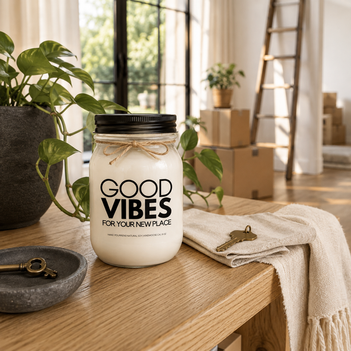 KINDMOOSE Good Vibes For Your New Place frosted soy candle with a matte black lid displayed on a bright white oak entry console in a luxury modern farmhouse.