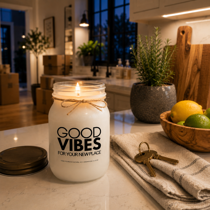 KINDMOOSE Good Vibes For Your New Place frosted soy candle burning on a white quartz kitchen island beside new house keys in a warm modern farmhouse kitchen.