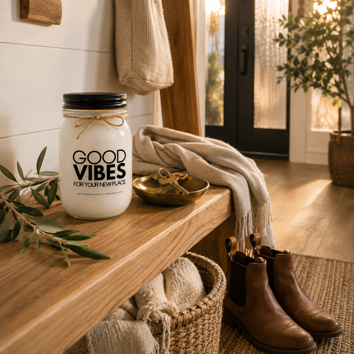 KINDMOOSE Good Vibes For Your New Place frosted soy candle on a white oak entry bench beside house keys, a linen scarf and cozy home accents.