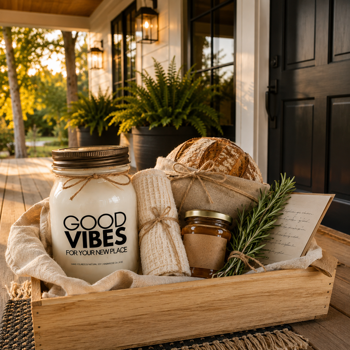KINDMOOSE Good Vibes For Your New Place frosted soy candle presented in a white oak housewarming gift crate with artisan bread, honey, rosemary and linen essentials.