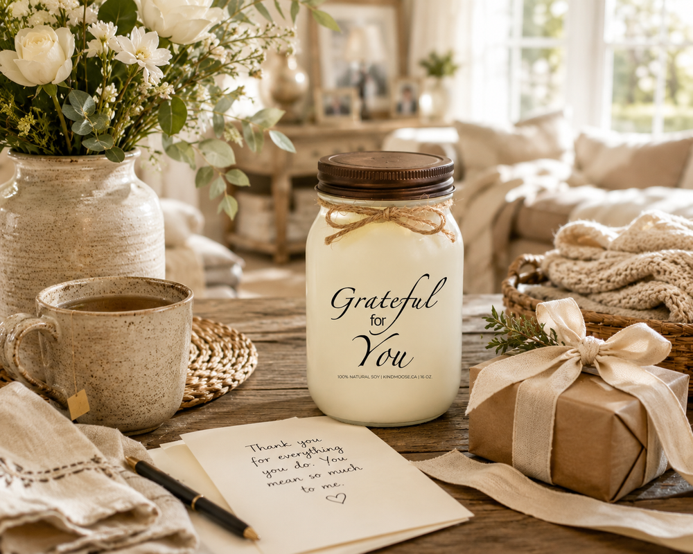 GRATEFUL FOR YOU soy candle with distressed bronze lid styled on a rustic farmhouse table beside a handwritten thank-you card, fresh white flowers, herbal tea, a wrapped gift, and natural woven textures. The welcoming scene reflects appreciation, kindness, and the joy of recognizing someone who has made a difference.