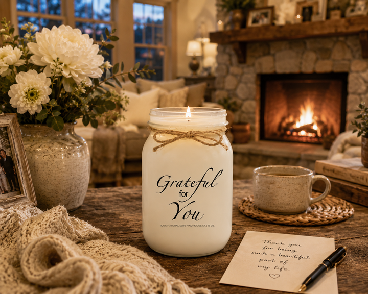 Burning GRATEFUL FOR YOU soy candle in a cozy farmhouse living room featuring a stone fireplace, handwritten thank-you note, white flowers, knit blanket, family photographs, and warm neutral décor. The peaceful evening scene celebrates gratitude, heartfelt appreciation, and the people whose kindness leaves a lasting impact.