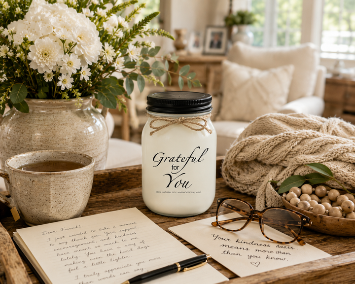 GRATEFUL FOR YOU soy candle displayed beside a handwritten thank-you letter, reading glasses, fresh white flowers, herbal tea, knit blanket, greenery, and a rustic serving tray. Bathed in warm afternoon sunlight, the scene reflects appreciation, thoughtful reflection, and gratitude for the people who make life brighter.