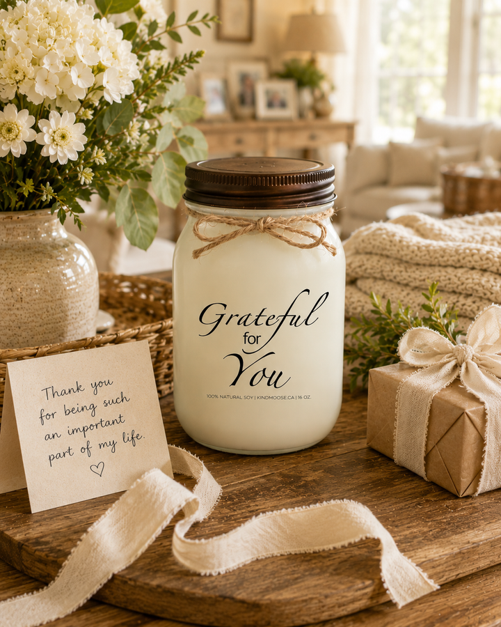 GRATEFUL FOR YOU soy candle with distressed bronze lid styled as a thoughtful appreciation gift on a farmhouse entry table. Surrounded by white flowers, greenery, woven textures, a wrapped gift, linen ribbon, and a handwritten thank-you card, the scene celebrates kindness, gratitude, friendship, and meaningful connections.