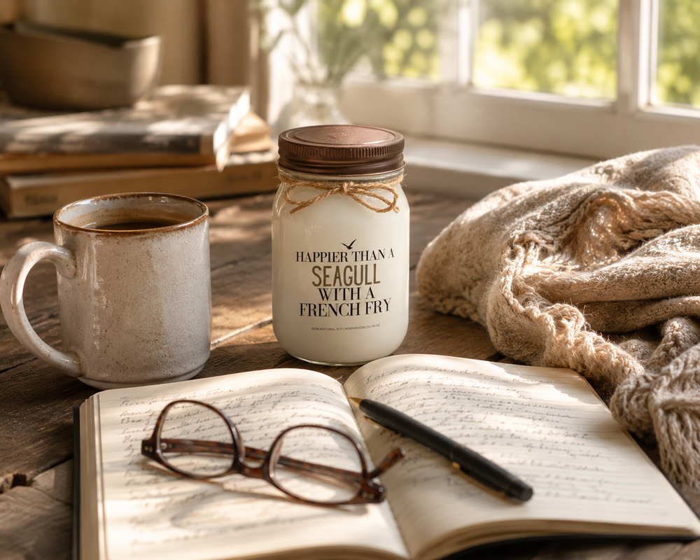 ALT TEXT – IMAGE 2

Happier Than A Seagull With A French Fry candle beside coffee, journal, and cozy cottage morning décor.