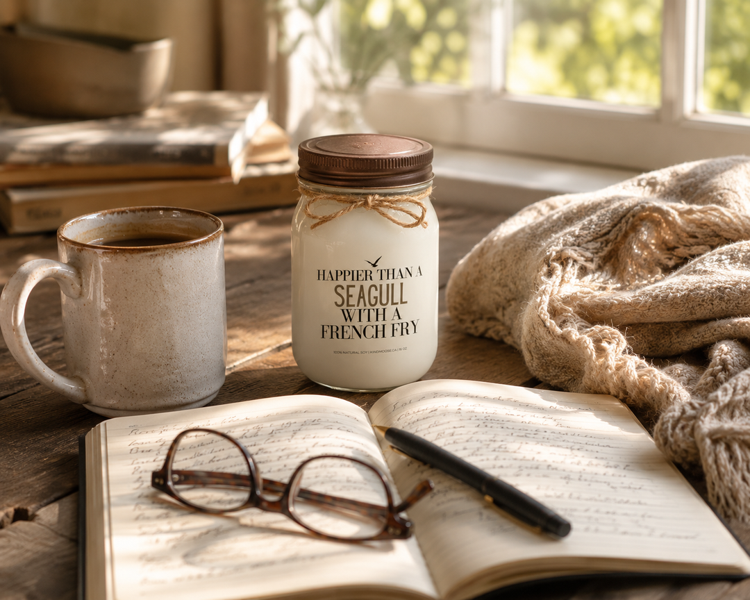 ALT TEXT – IMAGE 2

Happier Than A Seagull With A French Fry candle beside coffee, journal, and cozy cottage morning décor.