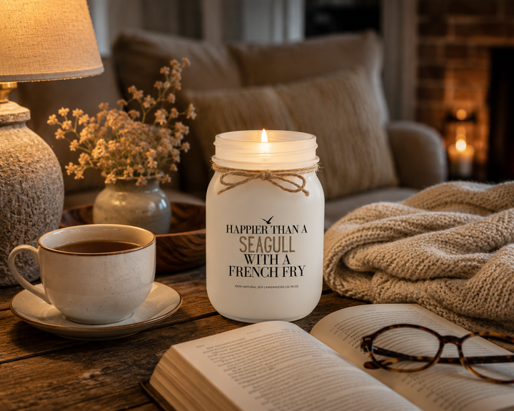 ALT TEXT – IMAGE 3

Happier Than A Seagull With A French Fry candle burning beside tea, book, and cozy blanket in a cottage living room.