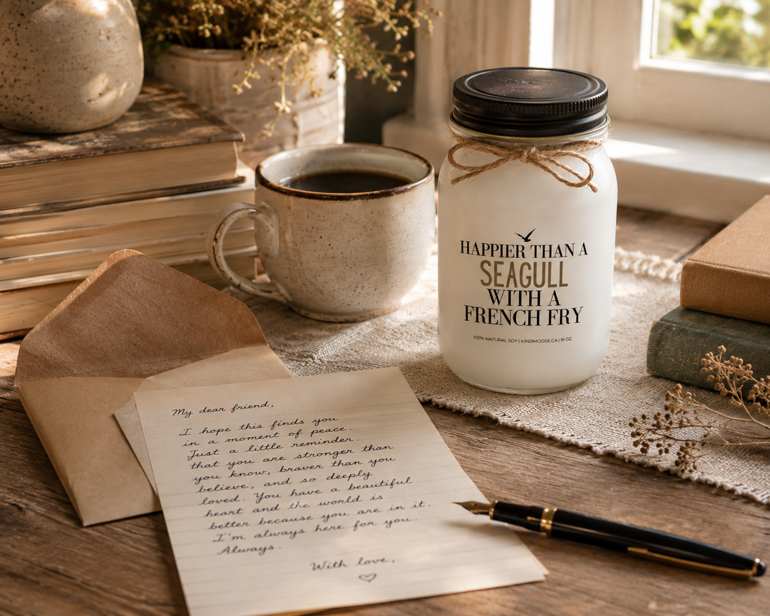 Happier Than A Seagull With A French Fry candle beside a handwritten letter, books, and coffee on a cottage writing desk.