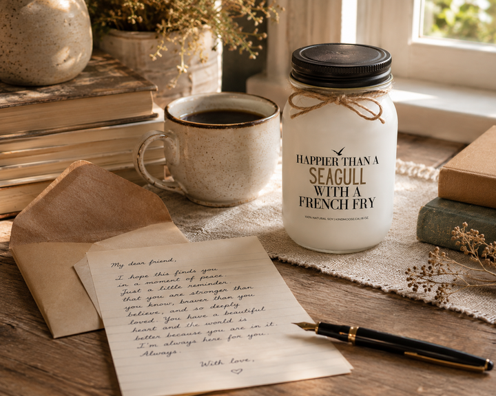 Happier Than A Seagull With A French Fry candle beside a handwritten letter, books, and coffee on a cottage writing desk.