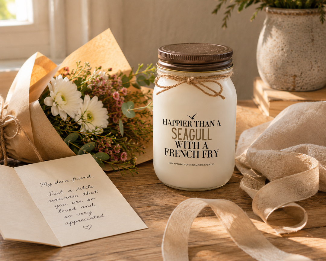 Happier Than A Seagull With A French Fry candle with greeting card and bouquet as a thoughtful cottage gift.
