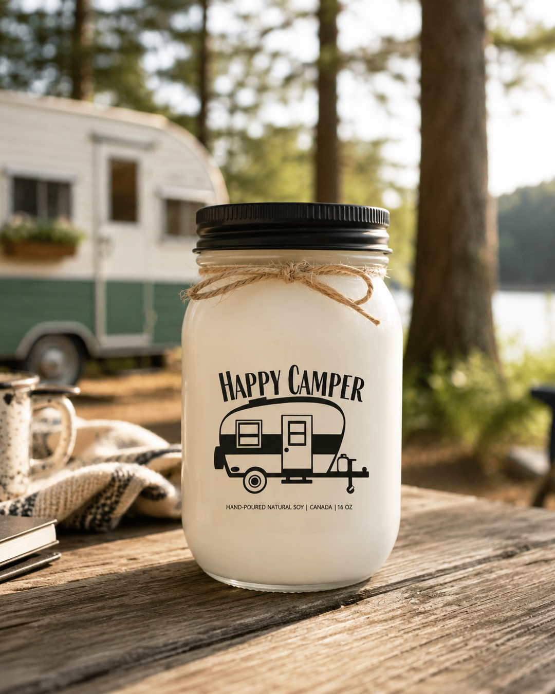 Happy Camper candle on a rustic campground picnic table with a travel trailer and pine trees in the background.