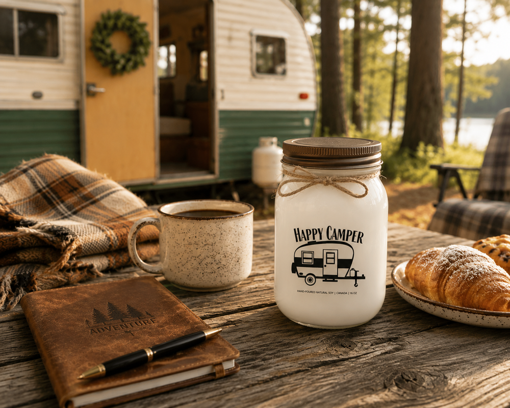 Happy Camper candle beside coffee, pastries, and a camping journal at a cozy campsite breakfast.