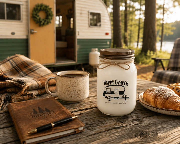 Happy Camper candle beside coffee, pastries, and a camping journal at a cozy campsite breakfast.