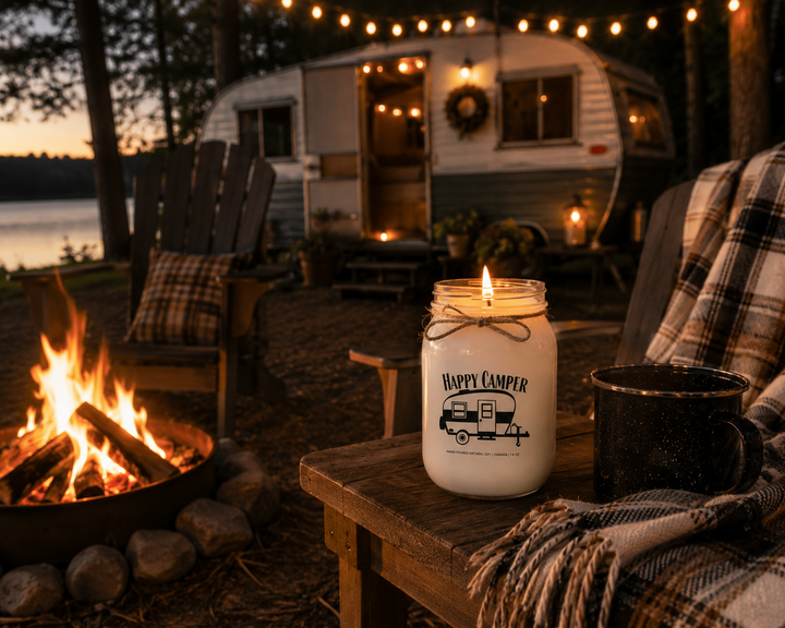 Happy Camper candle burning beside a campfire with Adirondack chairs and a travel trailer at dusk.