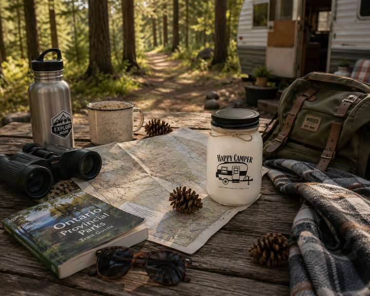 Happy Camper candle beside a campground map, binoculars, trail guidebook, and backpack on a rustic picnic table.