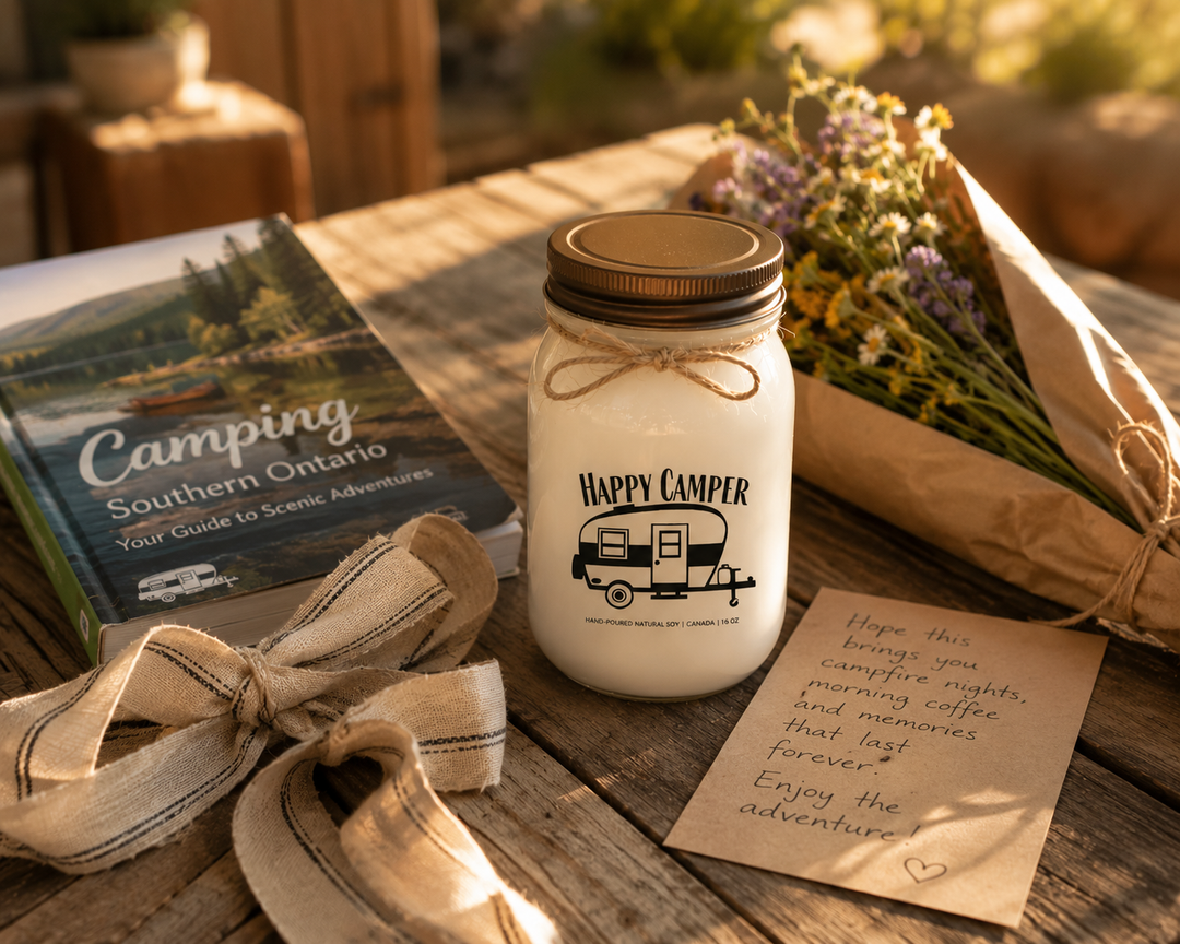 Happy Camper candle with a handwritten note, camping guidebook, linen ribbon, and wildflowers as a thoughtful camping gift.