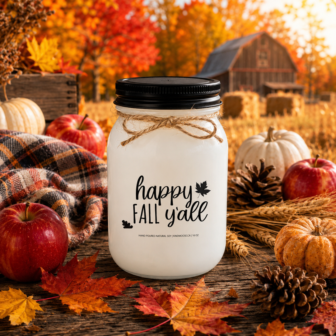 HAPPY FALL Y'ALL soy candle displayed on a rustic farmhouse harvest table surrounded by colourful autumn leaves, red apples, mini pumpkins, pinecones, wheat stems, and cozy plaid accents. Warm countryside harvest scenery and golden fall sunlight create a welcoming atmosphere that celebrates the excitement and beauty of autumn.