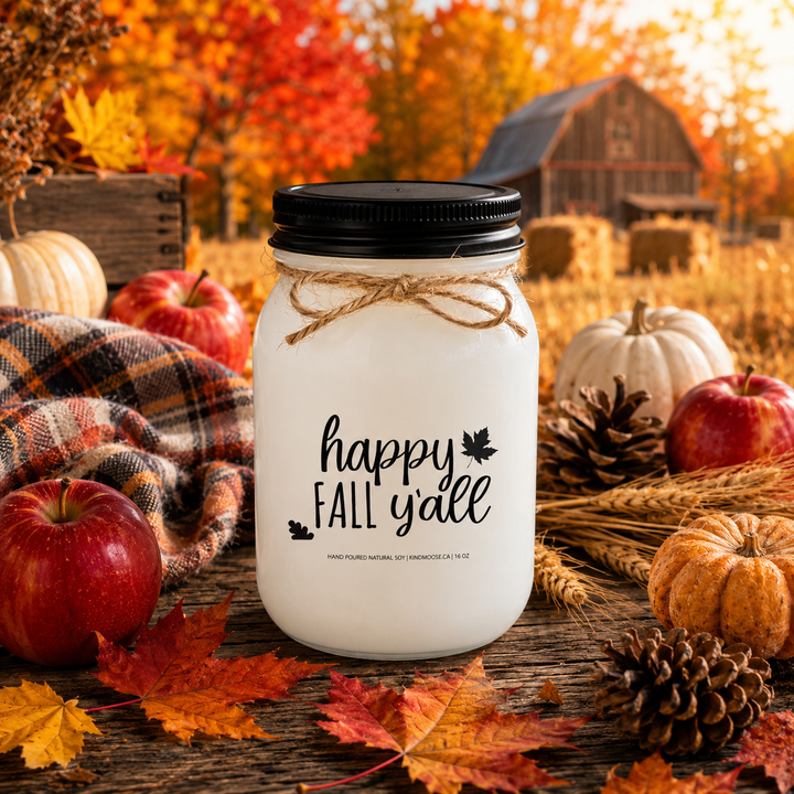 HAPPY FALL Y'ALL soy candle displayed on a rustic farmhouse harvest table surrounded by colourful autumn leaves, red apples, mini pumpkins, pinecones, wheat stems, and cozy plaid accents. Warm countryside harvest scenery and golden fall sunlight create a welcoming atmosphere that celebrates the excitement and beauty of autumn.