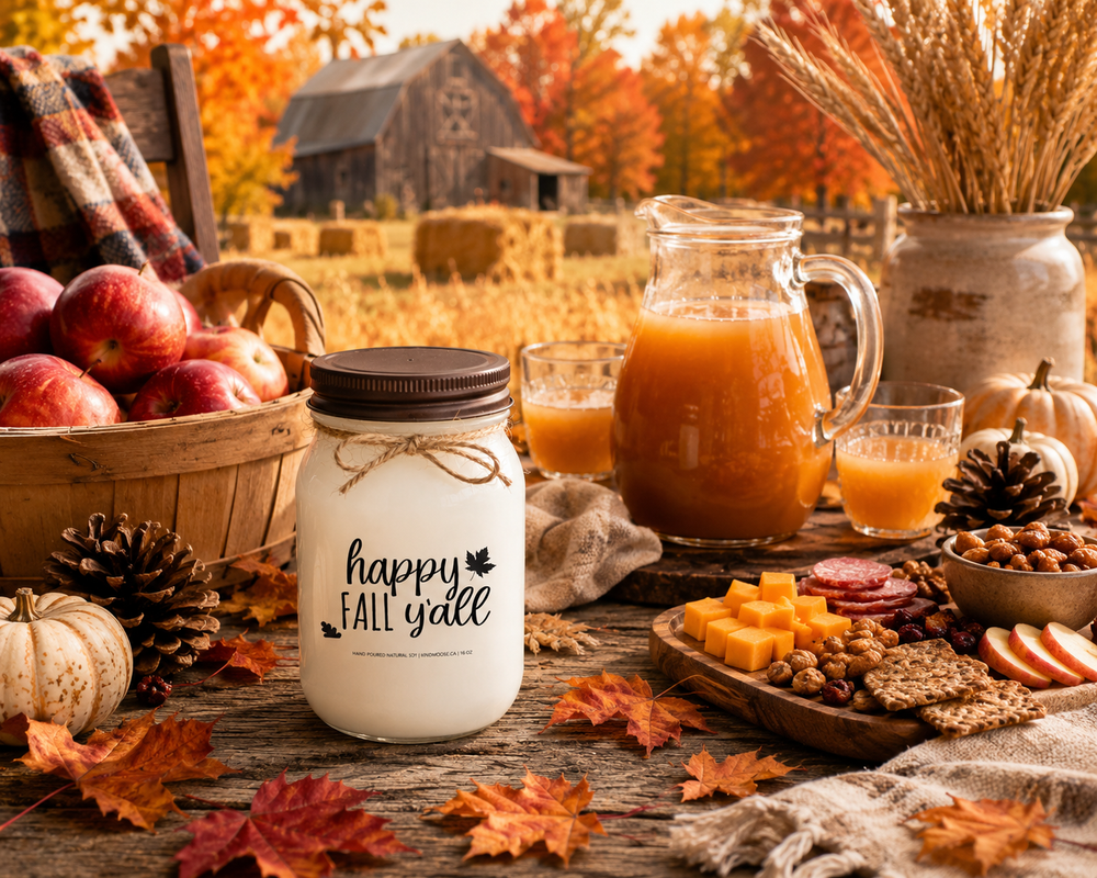 HAPPY FALL Y'ALL soy candle with distressed bronze lid styled on a rustic farmhouse table beside freshly picked apples, apple cider, seasonal snacks, pumpkins, pinecones, and wheat stems. The inviting autumn gathering scene captures the warmth of harvest season, family traditions, and cozy afternoons spent together.