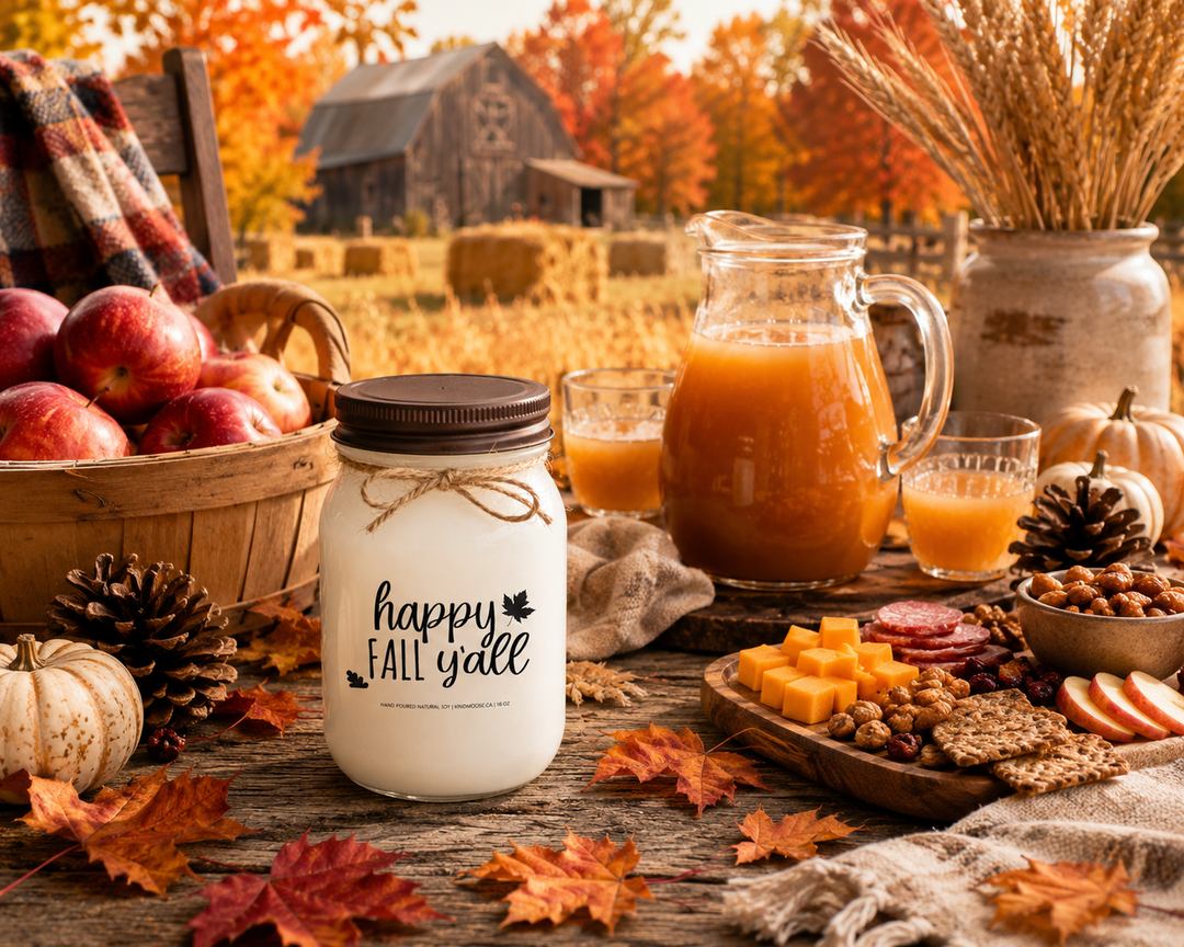 HAPPY FALL Y'ALL soy candle with distressed bronze lid styled on a rustic farmhouse table beside freshly picked apples, apple cider, seasonal snacks, pumpkins, pinecones, and wheat stems. The inviting autumn gathering scene captures the warmth of harvest season, family traditions, and cozy afternoons spent together.