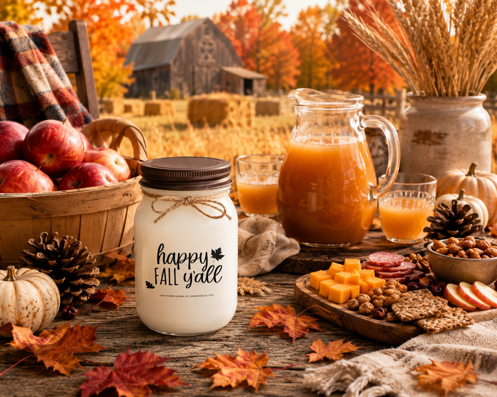 HAPPY FALL Y'ALL soy candle with distressed bronze lid styled on a rustic farmhouse table beside freshly picked apples, apple cider, seasonal snacks, pumpkins, pinecones, and wheat stems. The inviting autumn gathering scene captures the warmth of harvest season, family traditions, and cozy afternoons spent together.