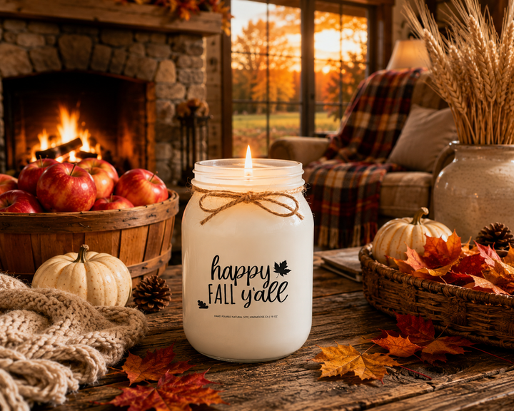 Burning HAPPY FALL Y'ALL soy candle in a cozy farmhouse living room featuring a stone fireplace, basket of apples, plaid blanket, pumpkins, pinecones, and autumn décor. The warm evening scene celebrates sweater weather, changing leaves, and the comforting traditions that make fall a favourite season.