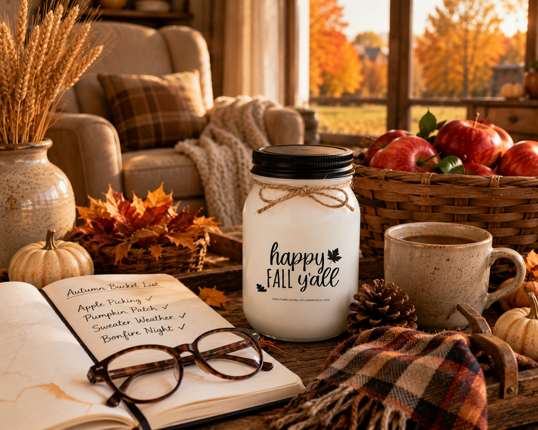 HAPPY FALL Y'ALL soy candle displayed beside an autumn bucket-list journal, reading glasses, apple cider, plaid scarf, freshly picked apples, pumpkins, and seasonal décor. Bathed in warm afternoon sunlight, the scene reflects the simple pleasures of fall and the joy of embracing every autumn tradition.