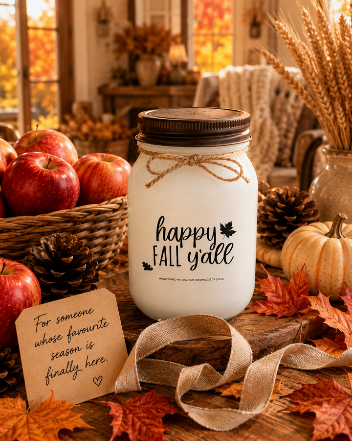 HAPPY FALL Y'ALL soy candle with distressed bronze lid styled as a thoughtful autumn gift on a farmhouse entry table. Surrounded by colourful leaves, apples, pumpkins, wheat stems, woven textures, and a handwritten card, the scene celebrates harvest season, cozy traditions, and the excitement of welcoming fall.