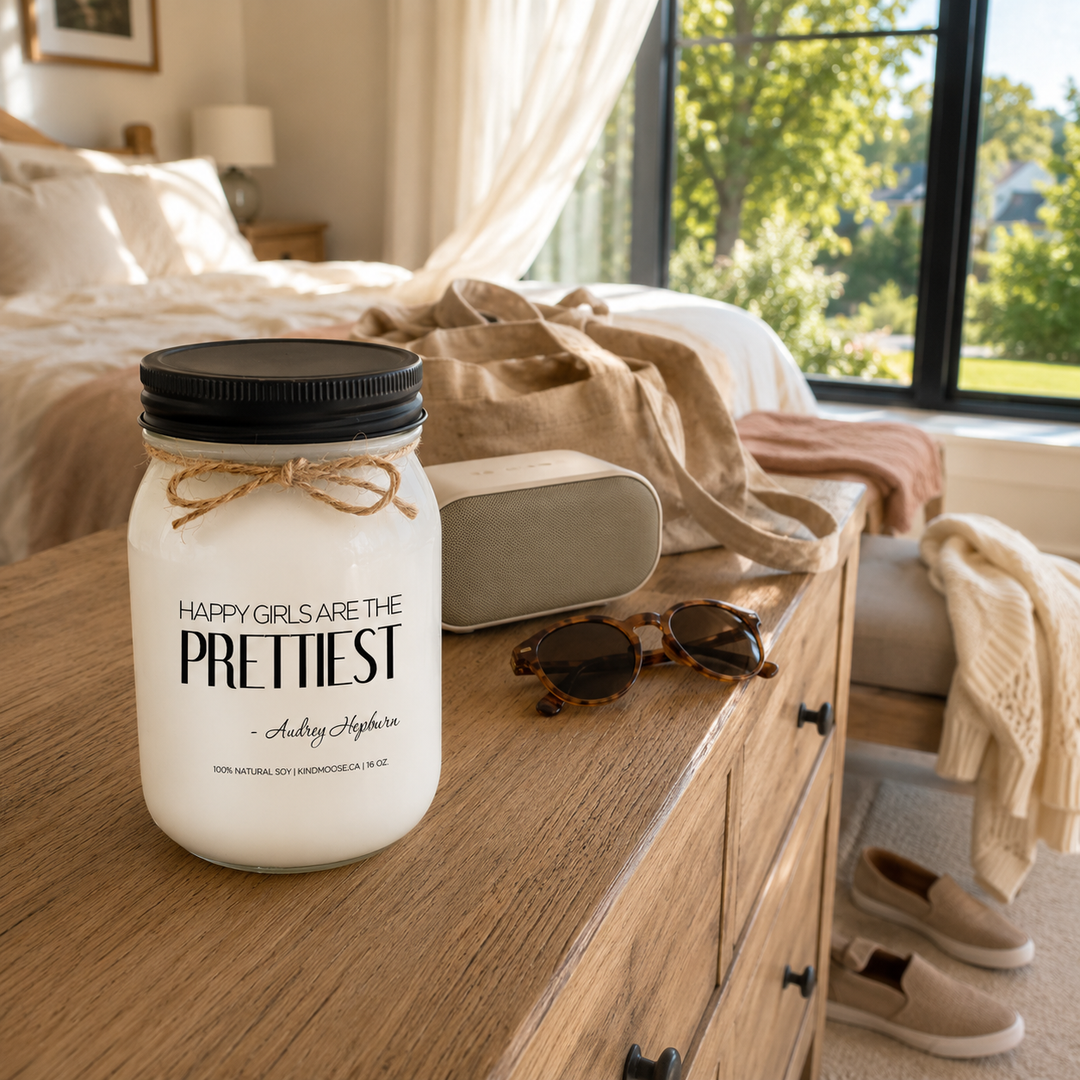 KINDMOOSE Happy Girls Are the Prettiest soy candle styled in a bright, relaxed everyday moment celebrating happiness and confidence.