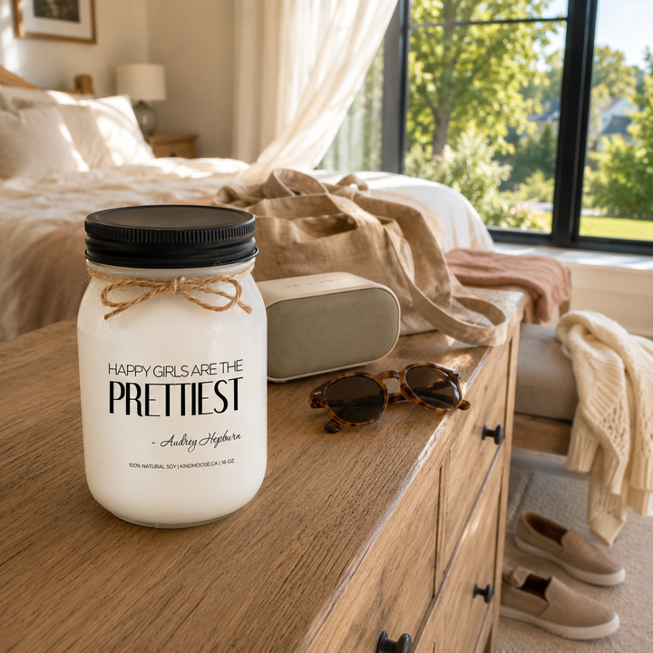 KINDMOOSE Happy Girls Are the Prettiest soy candle styled in a bright, relaxed everyday moment celebrating happiness and confidence.