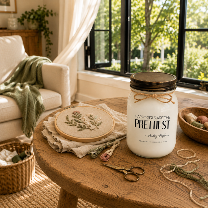 KINDMOOSE Happy Girls Are the Prettiest soy candle in a warm lifestyle setting inspired by simple pleasures, optimism and enjoying the moment.